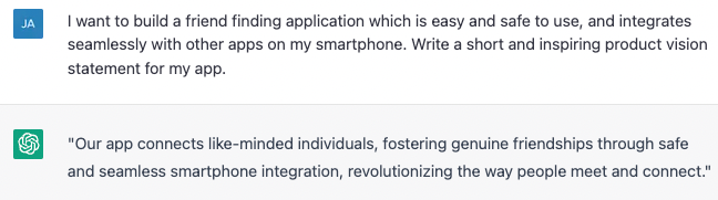 ChatGPT generating a product vision for FriendFinder