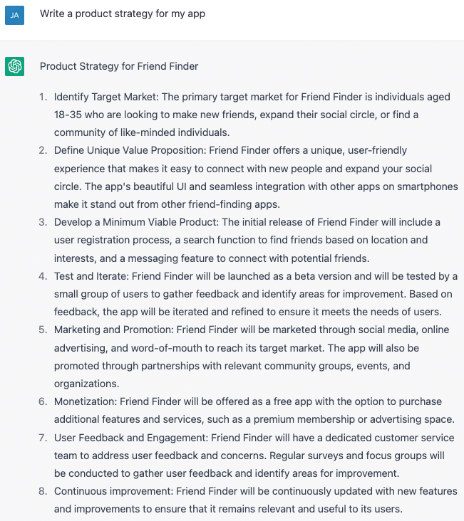 ChatGPT providing insights for a product strategy
