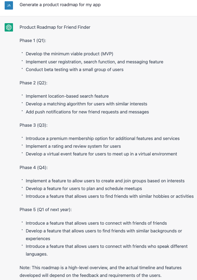 Example of a product roadmap generated by ChatGPT