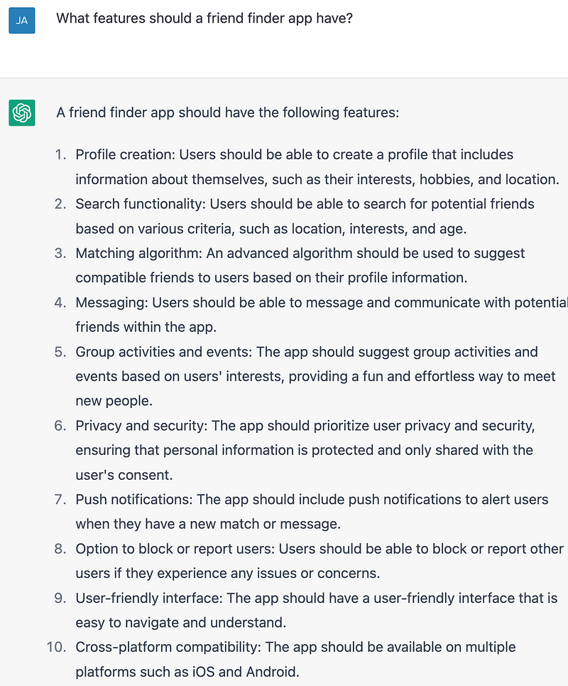 Feature list generated by ChatGPT for FriendFinder