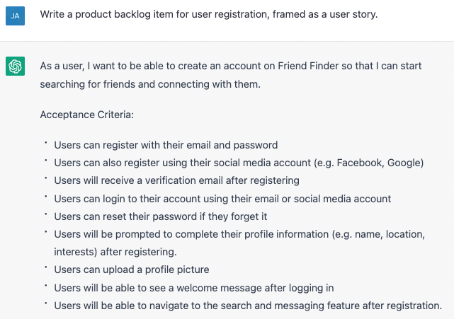 User story example generated by ChatGPT