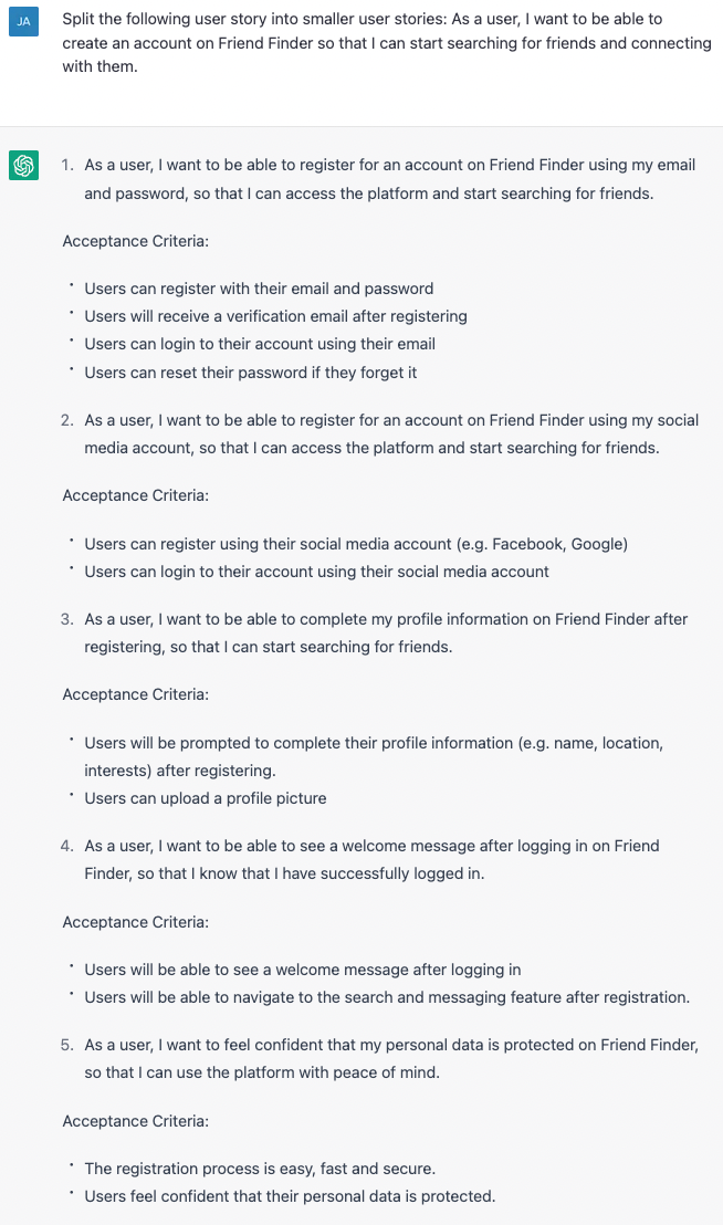 User stories split by ChatGPT
