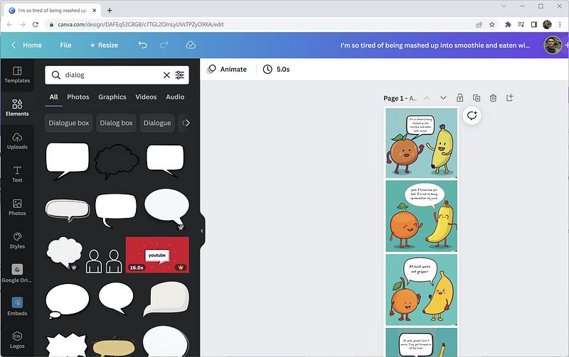 Canva workspace for comic creation