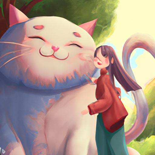 Woman happily hugging a giant cat in a park