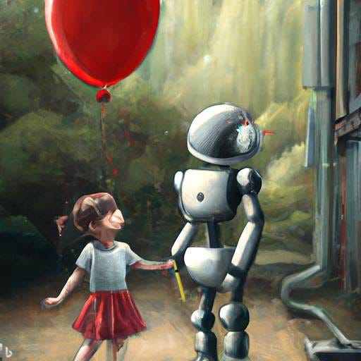 1930s robot walking with a girl and a balloon