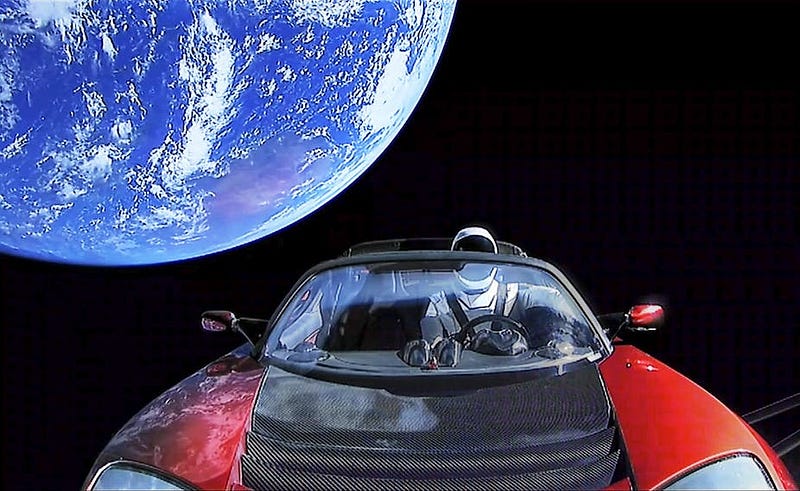 Starman driving a Tesla towards Mars