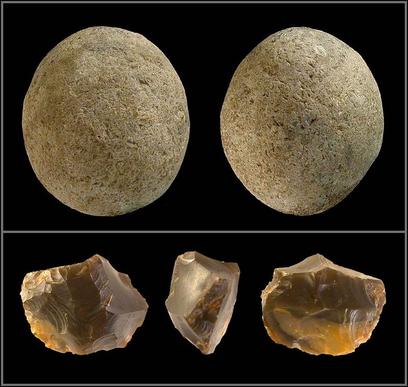 Tools used by early hominins for processing animal bones.