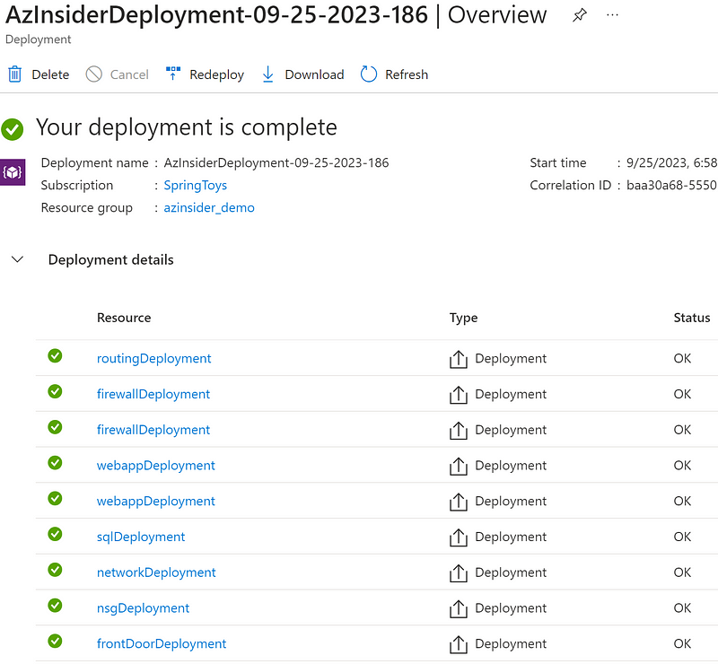 Azure Portal deployment verification screenshot