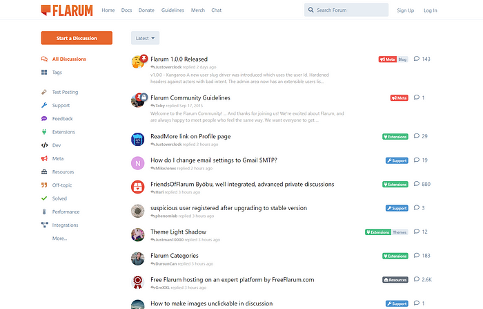 Flarum forum interface showcasing discussions