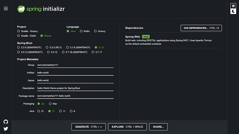 Project setup in Spring Initializr