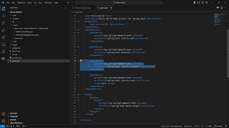 Adding Actuator dependency to pom.xml