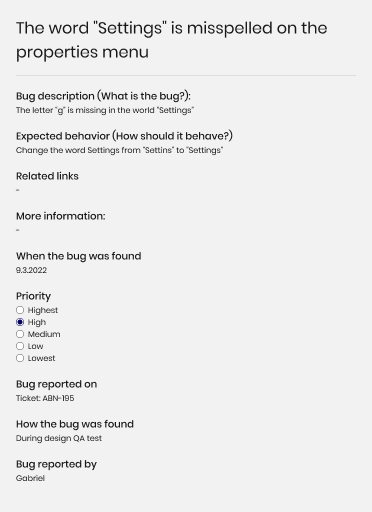 Example of a bug reporting template