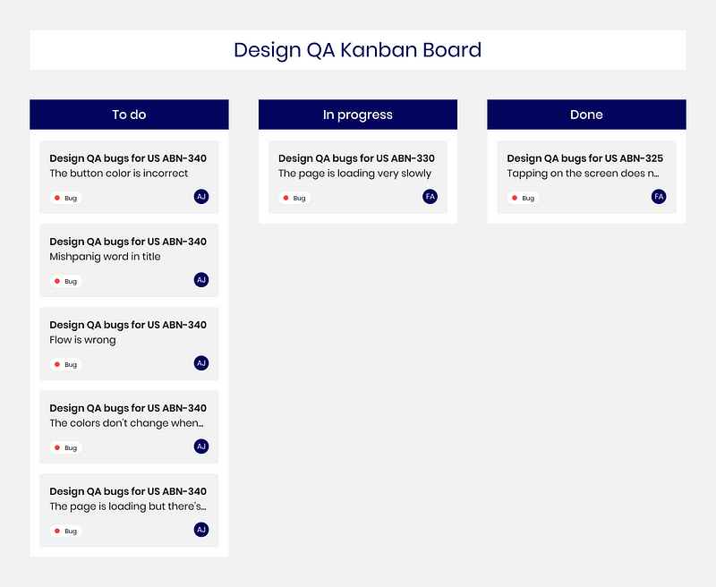 Kanban board for design QA bugs