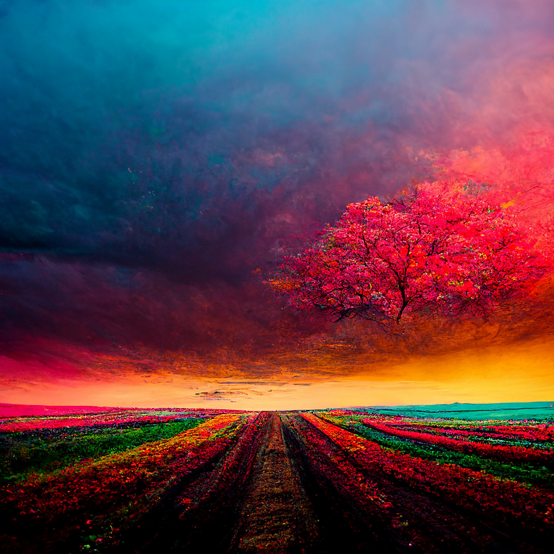 Colorful depiction of a flower garden under a vivid sky.