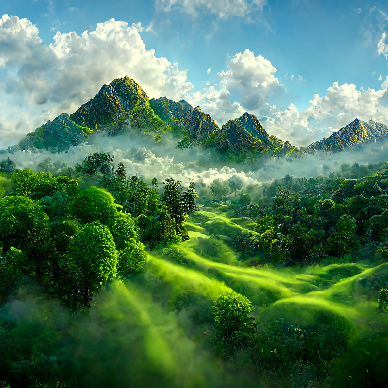 Lush green mountains under a dramatic sky.