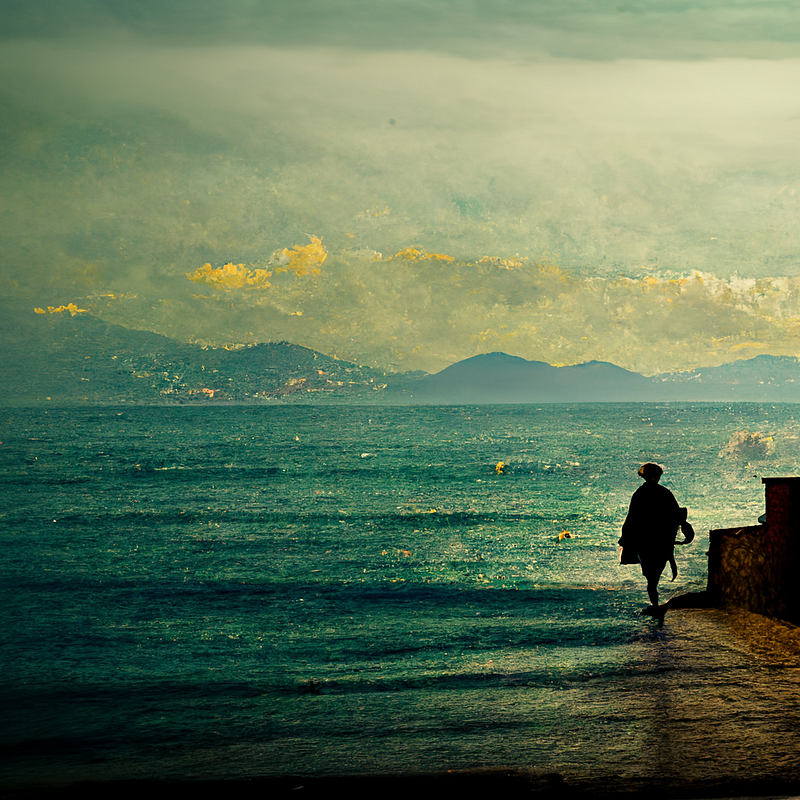 An artistic rendition of a poet walking the Italian Riviera.