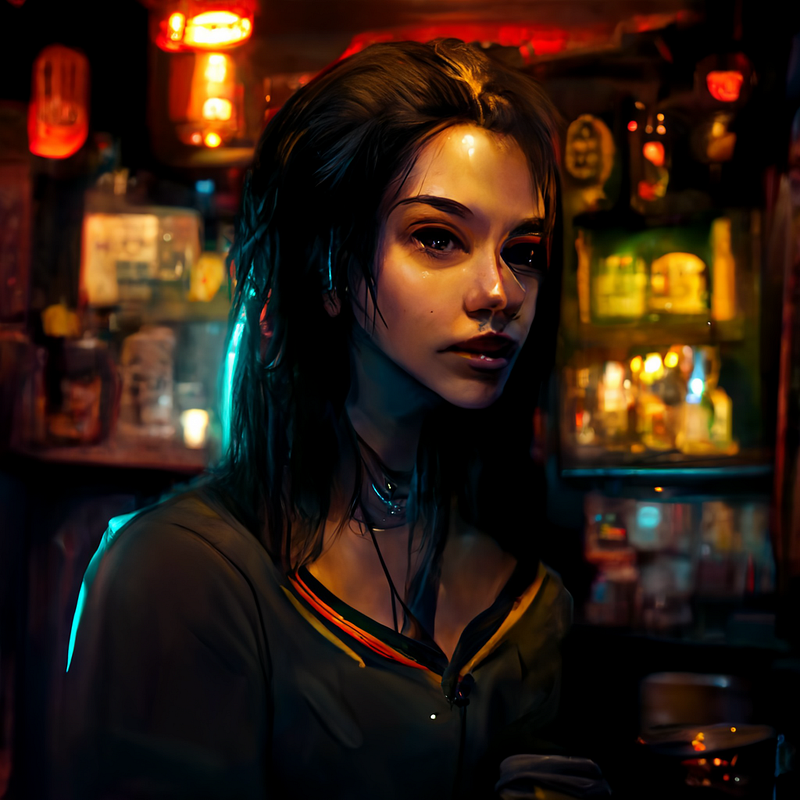 A cozy pub scene featuring a woman with dark hair.