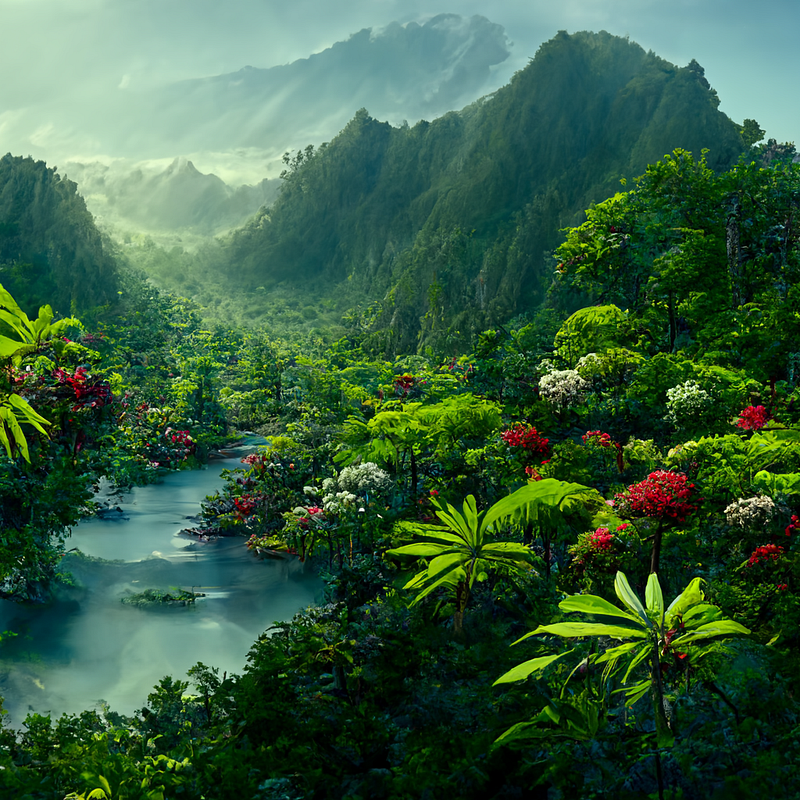 A scenic representation of mountains and forests.