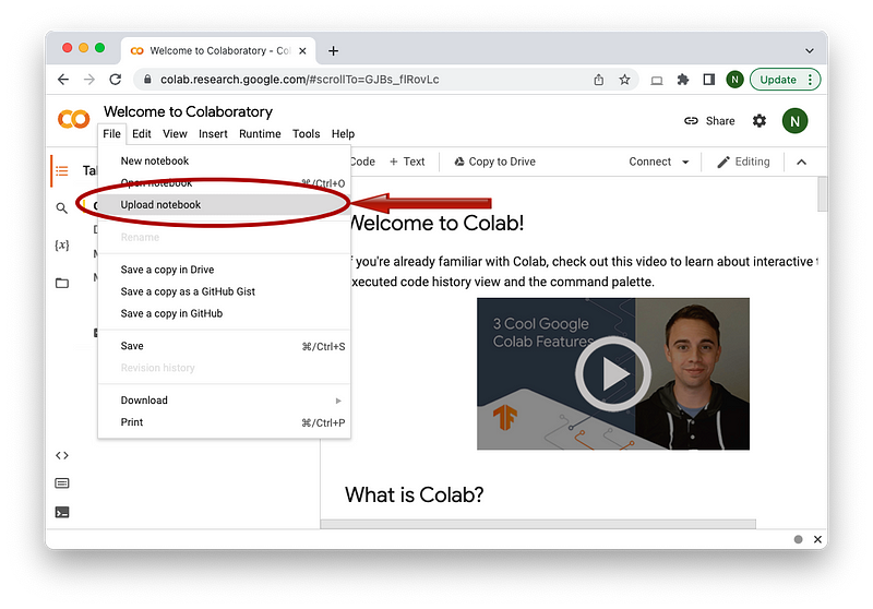 Uploading the notebook to Google Colab