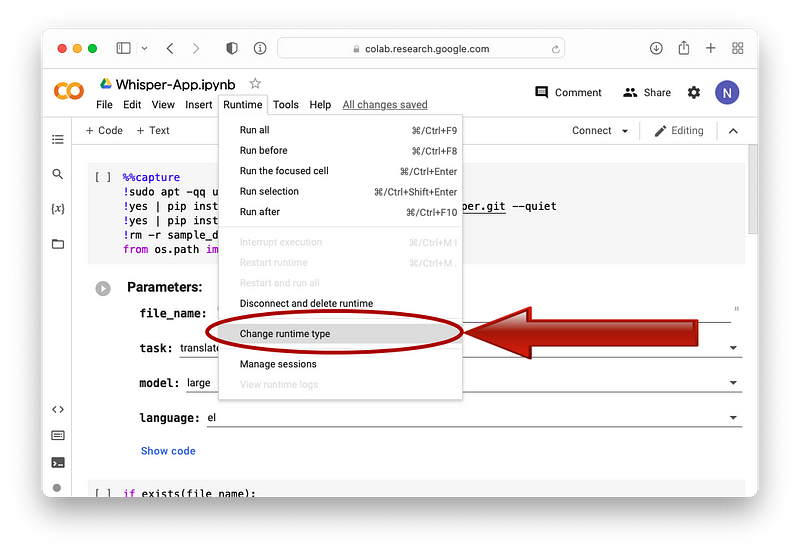 Changing runtime type in Google Colab