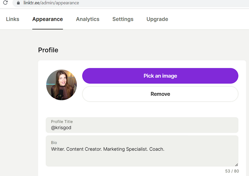 Customizing profile title and bio on Linktree