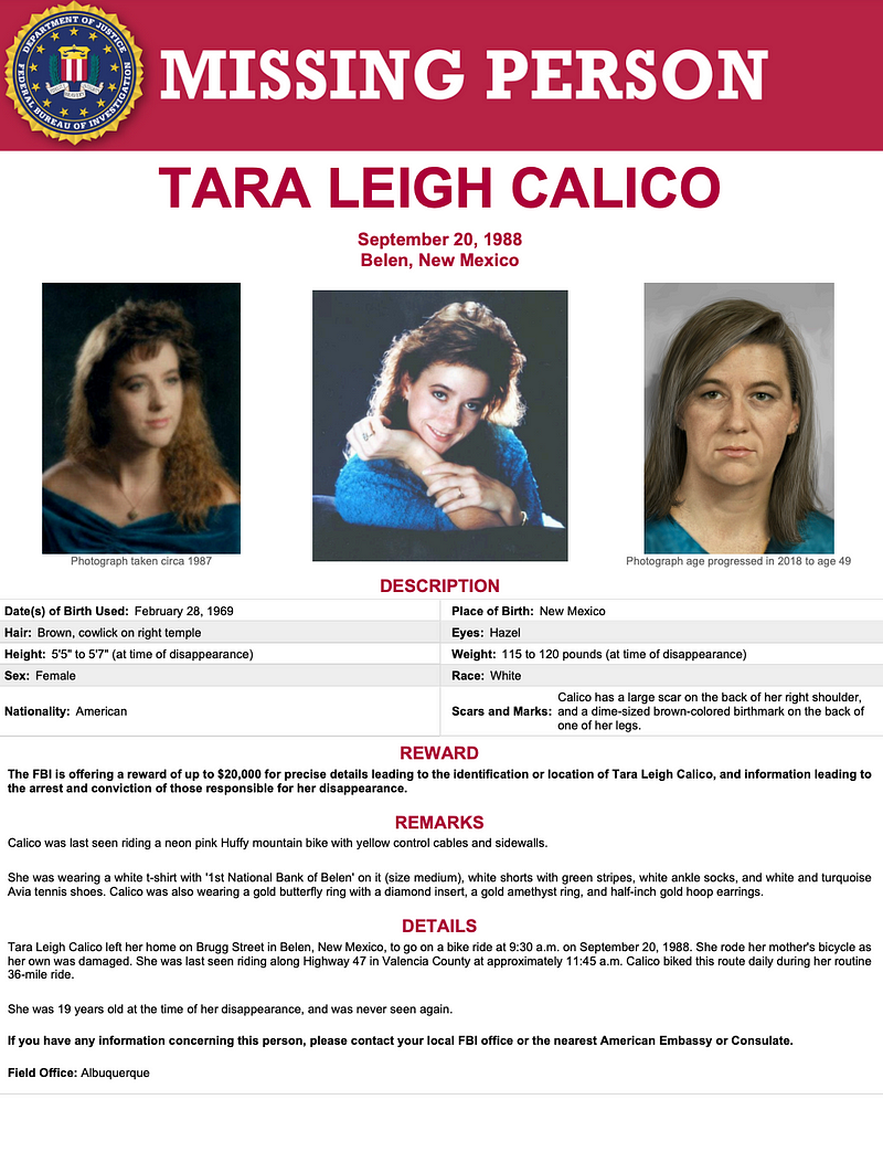 Tara Calico's missing person poster by FBI