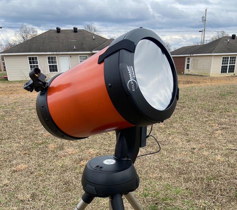 Telescope with solar filter secured.