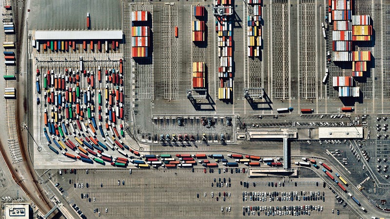 Aerial view of trucks at a busy port